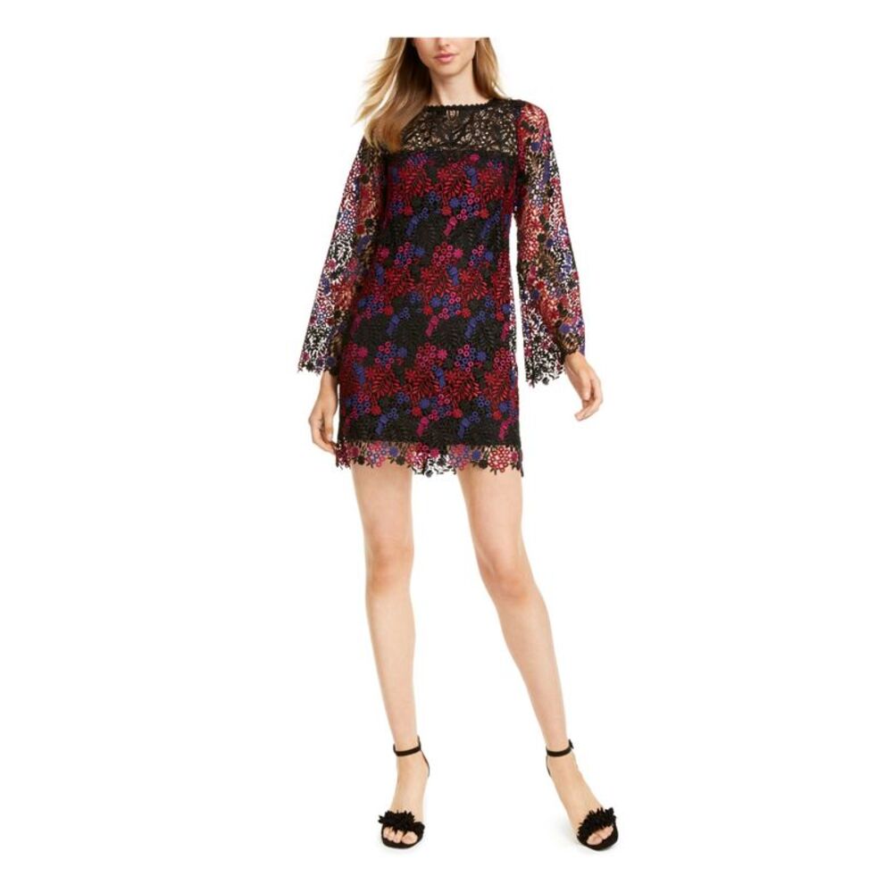 NANETTE LEPORE Womens Black Long Sleeve Jewel Neck Short Evening Shift Dress 4